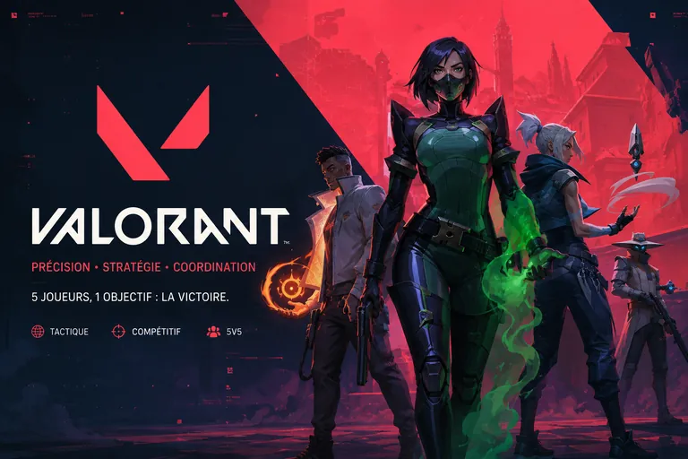 Illustration de VALORANT avec plusieurs agents dans un univers tactique et compétitif.