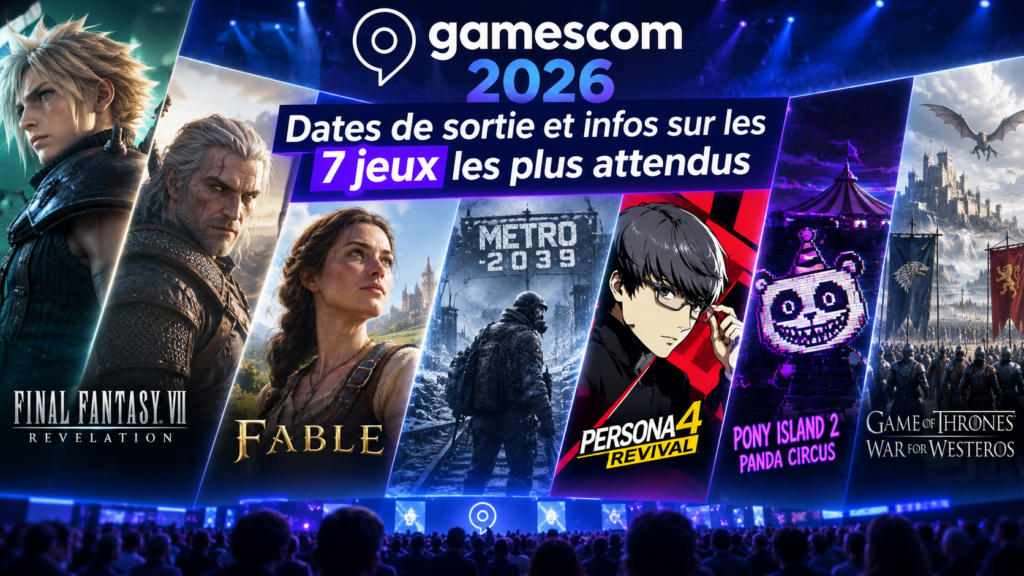 Gamescom 2026 – les 7 jeux les plus attendus, avec Final Fantasy VII Revelation, Fable, Metro 2039, Persona 4 Revival, Pony Island 2 et Game of Thrones War for Westeros.