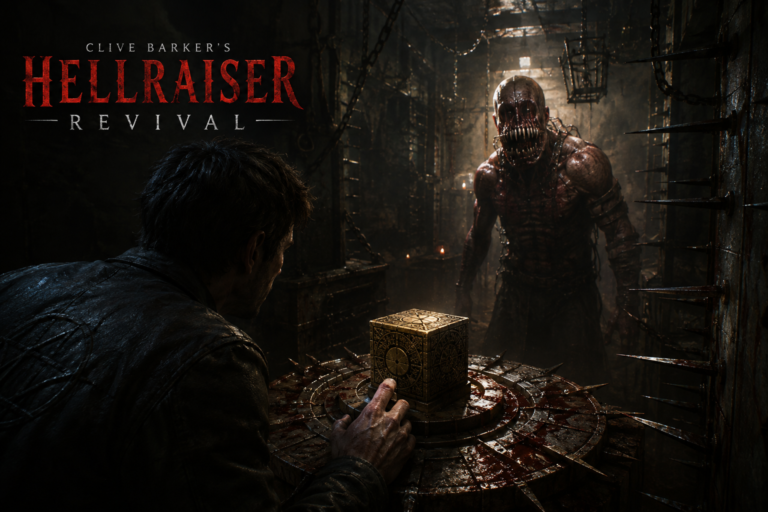 Aiden tente de résoudre un mystérieux puzzle cubique dans un environnement sombre et oppressant, tandis que le terrifiant Chatterer s’approche derrière lui dans Clive Barker’s Hellraiser: Revival.