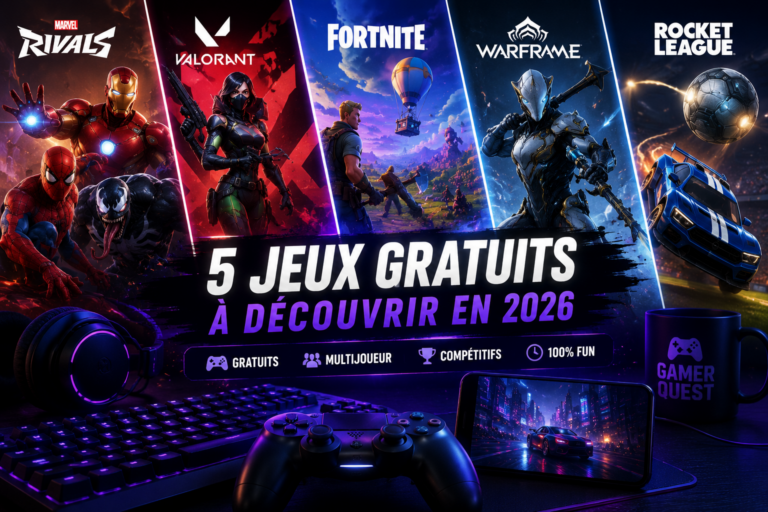 5 jeux gratuits à découvrir en 2026 : Marvel Rivals, Valorant, Fortnite, Warframe et Rocket League It's descriptive, concise, and naturally includes the article's main keyword.