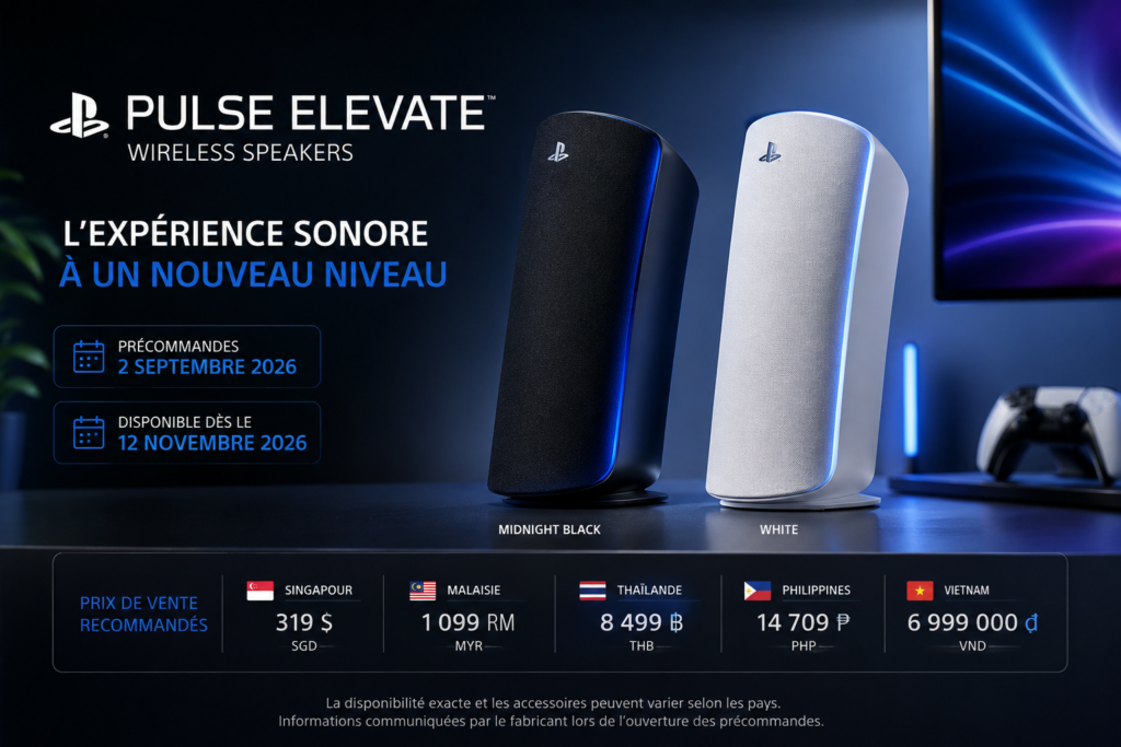 Enceintes sans fil Pulse Elevate en finitions Midnight Black et White présentées dans un setup gaming, avec lancement en Asie du Sud-Est prévu le 12 novembre 2026.